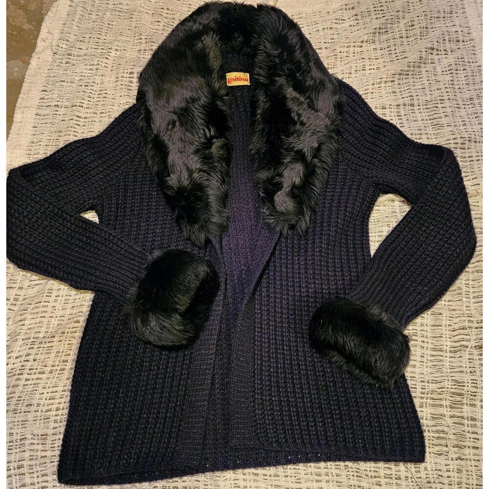 Vintage Knitina Womens Faux Fur  Black Cardigan Sz S (Pics)Goth Quiet Luxury
